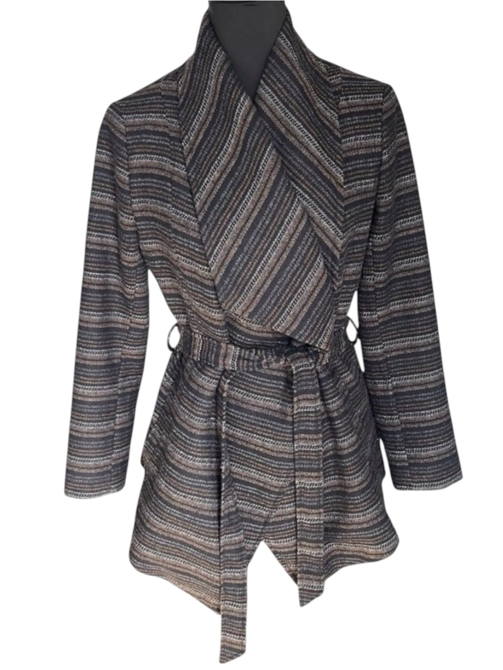 JACK by BB Dakota Black/Grey/Brown Stripe Tweed Wrap Jacket (M)
